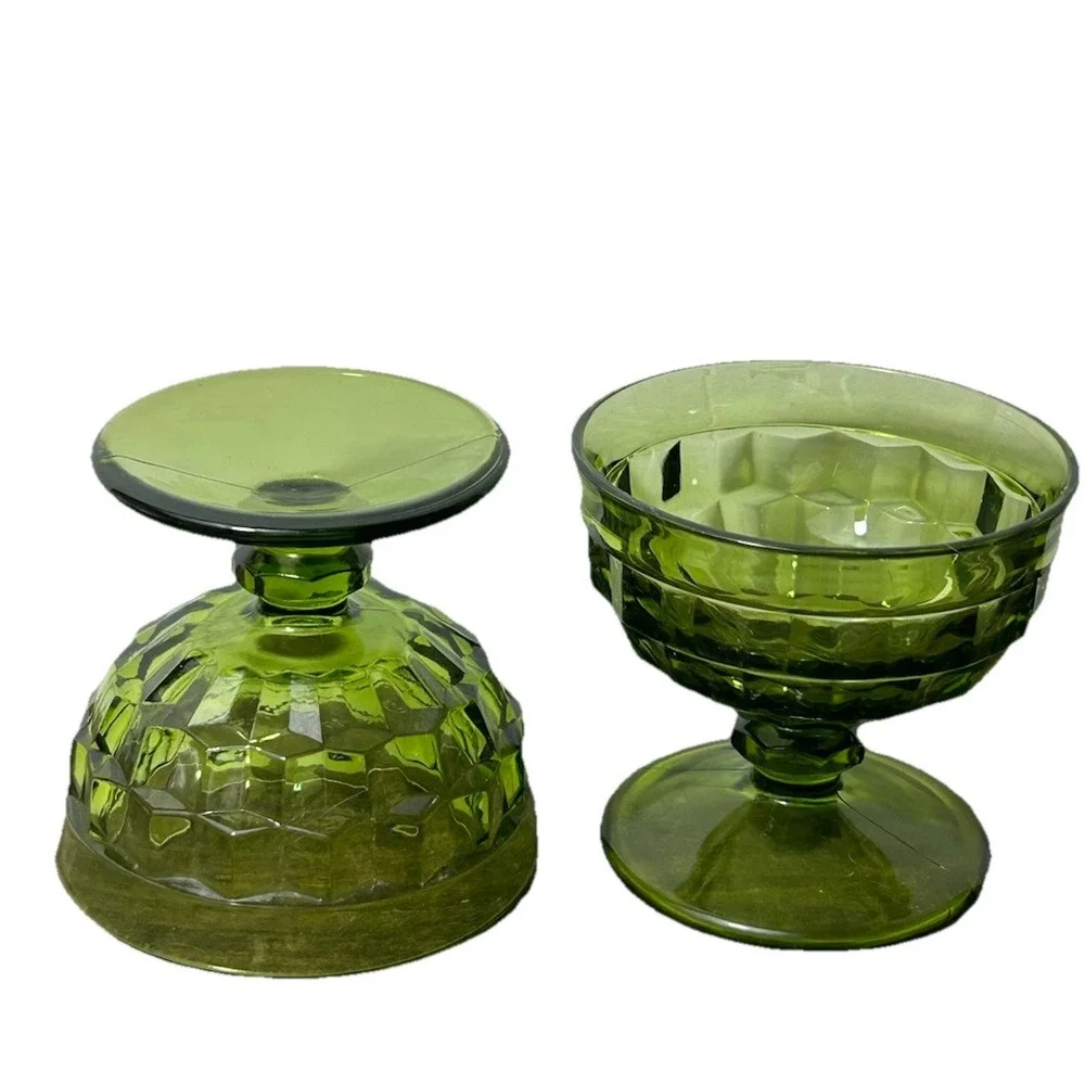 Green Glass Dessert Goblets Footed Cubist Bowls Mid Century VTG Indiana Glass